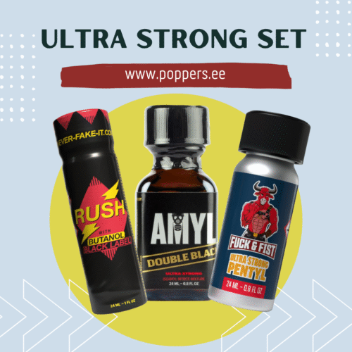Rush Butanol, Amyl Double Black, Fist Poppers. Laaja valikoima popperseja. Tervetuloa Poppers.ee verkkokauppaan. Poppers voi aiheuttaa päänsärkyä, huimausta ja muita haittavaikutuksia. Osta poppersit turvallisesti verkosta Suomesta