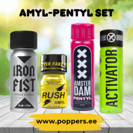 AMYL NITRITE, PENTYL NITRITE with BUTANOL. Iron Fist 24ml. Rush Amyl 10ml. AmsterDam Pentyl. 24ml. Activator 24ml. Laaja valikoima popperseja. Tervetuloa Poppers.ee verkkokauppaan. Poppers voi aiheuttaa päänsärkyä, huimausta ja muita haittavaikutuksia. Osta poppersit turvallisesti verkosta Suomesta